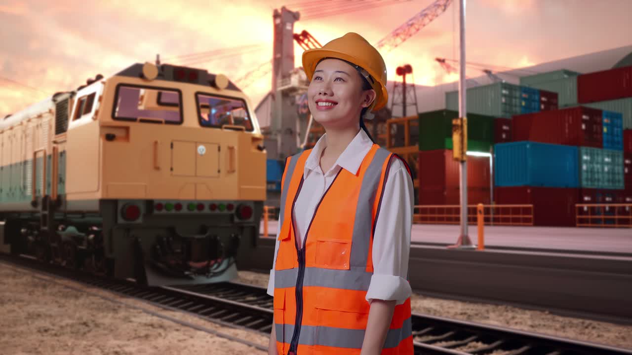 Side View Of Asian Female Engineer With Safety Helmet Looking Around With Freight Cargo Train At Port