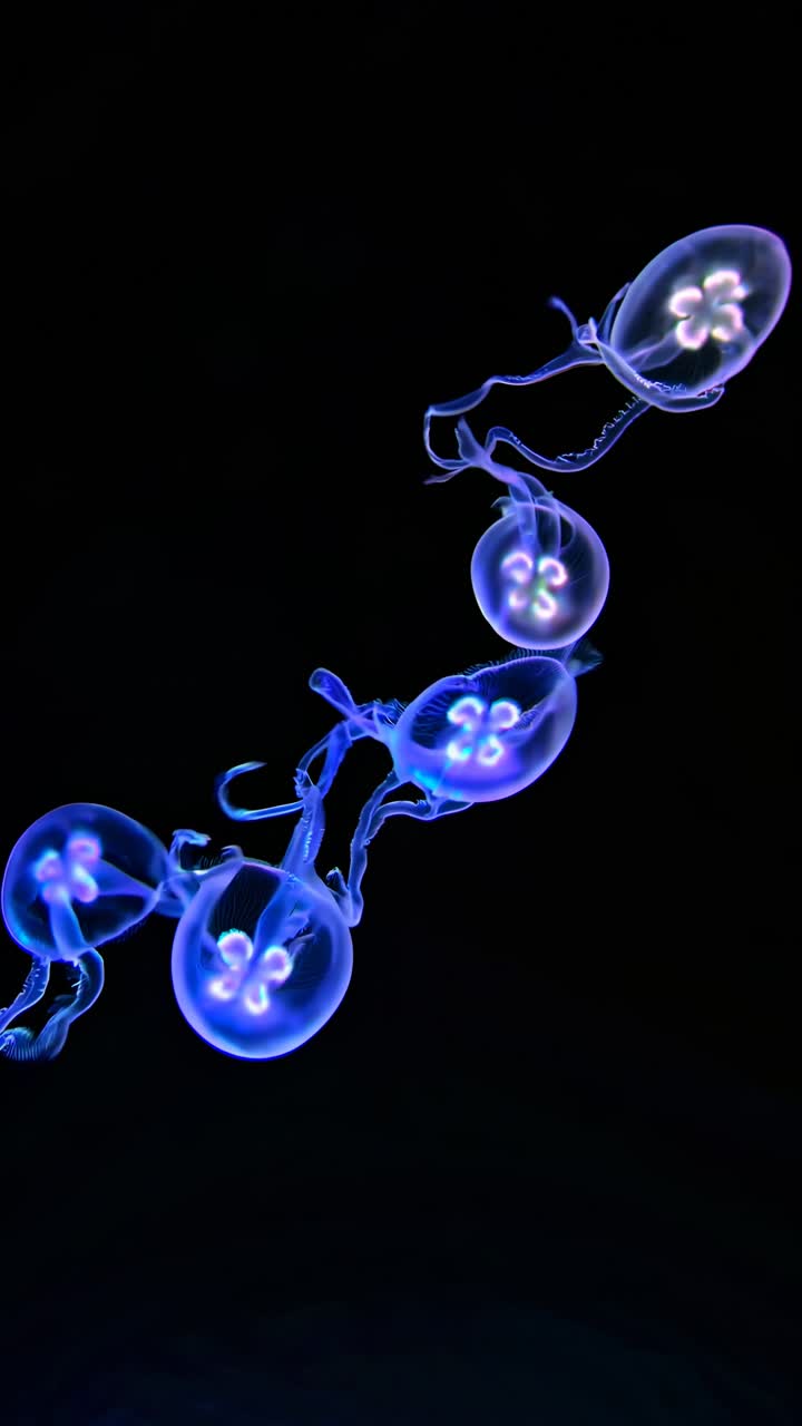 A mesmerizing video still of glowing jellyfish in a vertical line, captured from a side angle