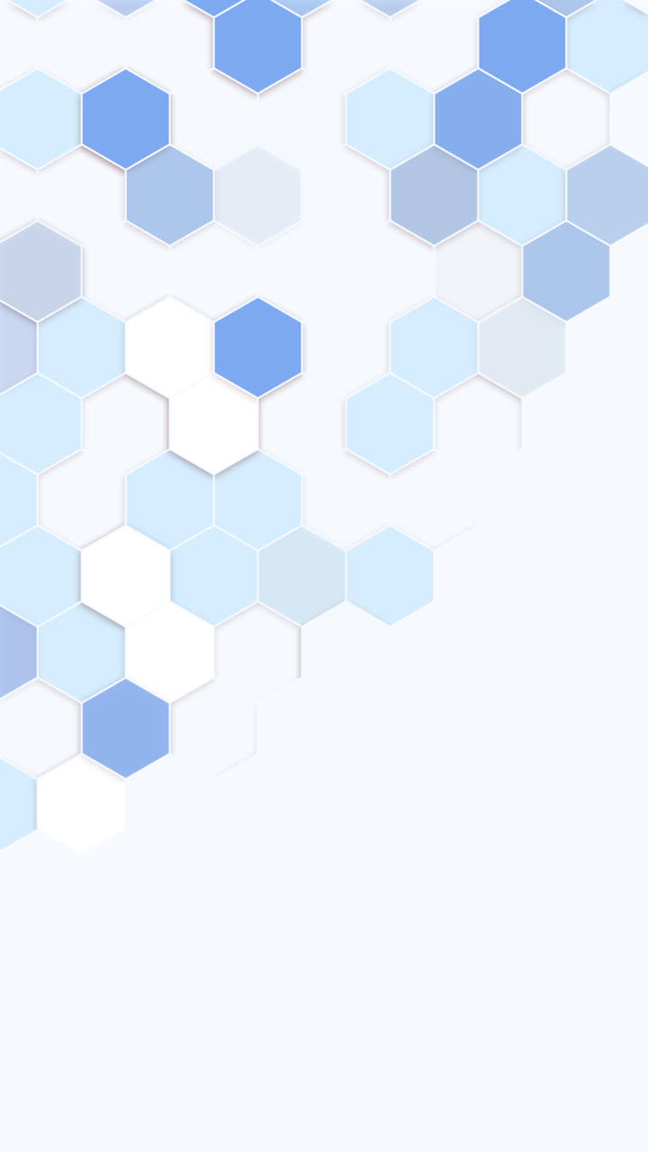 Abstract blue geometric hexagon shapes on white background with space for your text. Futuristic technology and science concept. Loop animation. Vertical video.