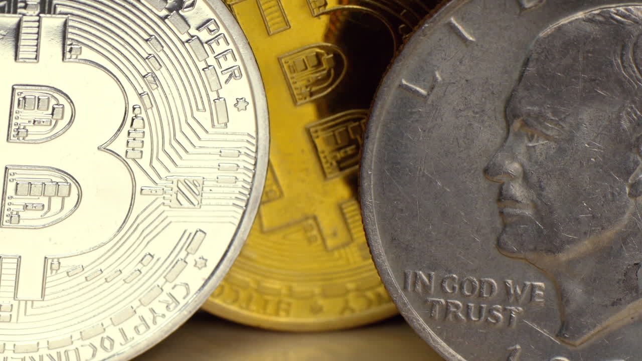 Golden and silver bitcoin crypto money with old dollar coins, close up, graphic video card mining