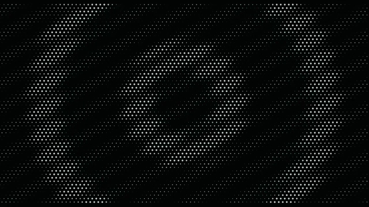 Minimalist black digital screen background with pulsating concentric circles of halftone dots. Ideal for retro futuristic and technology concepts