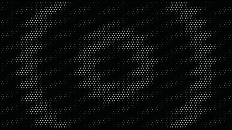 Minimalist black digital screen background with pulsating concentric circles of halftone dots. Ideal for retro futuristic and technology concepts