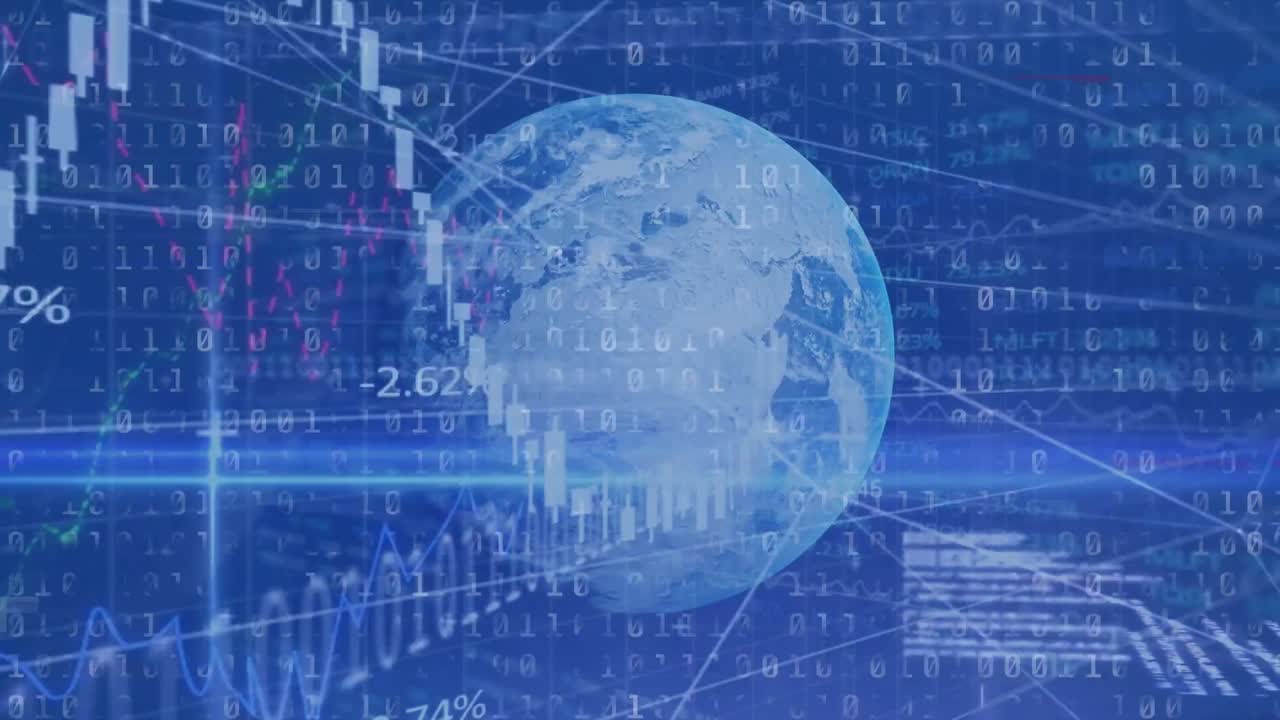 Animazione di elaborazione dati e un globo su sfondo blu