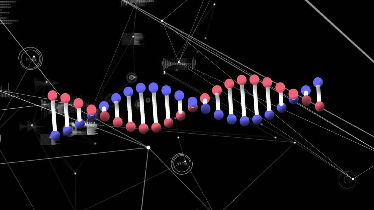 Processing scientific data, DNA strand intertwining with binary code in animation
