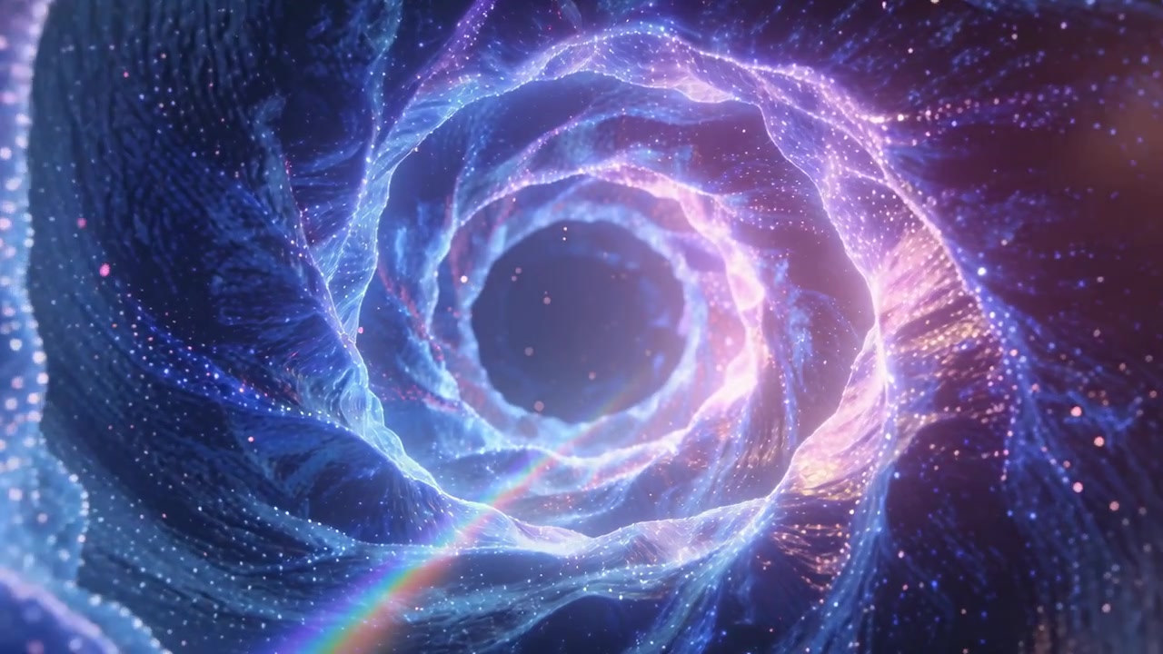 Telecamera in movimento che scivola attraverso un tunnel a spirale, mostrando punti luminosi, un arcobaleno, e che si chiude su un vuoto centrale