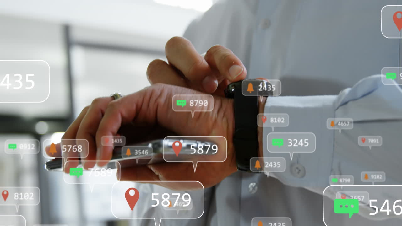 Animazione di barre di notifica sopra un uomo caucasico che usa lo smartphone e scorre sullo smartwatch