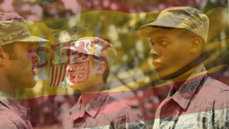 Animation-of-flag-of-spain-waving-over-diverse-soldiers