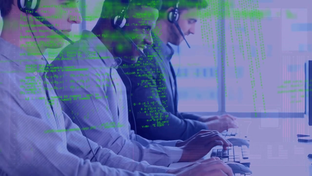 Animation of data processing over diverse business people wearing phone headsets