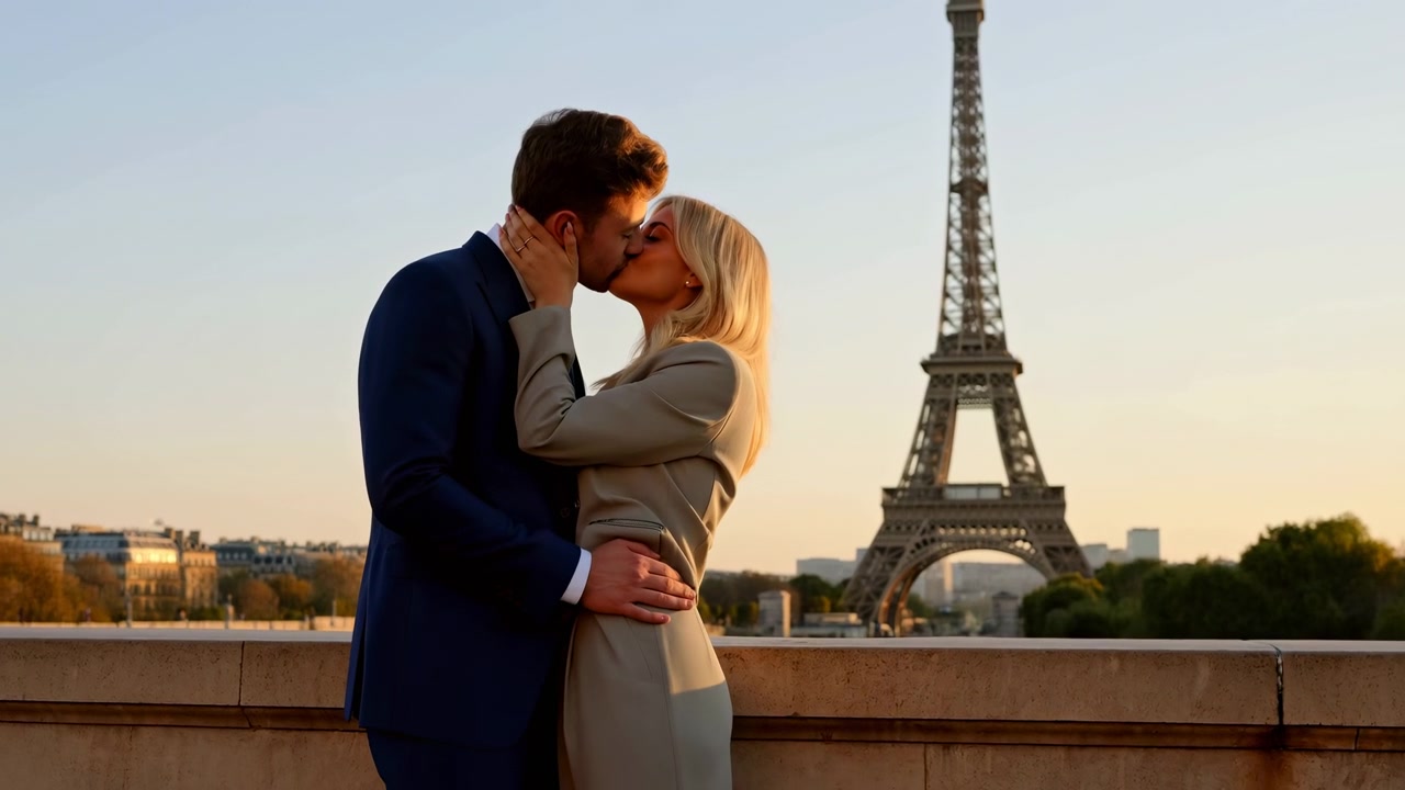 Elegantti mies ja nainen seisovat lähellä ja suutelevat joenrantaterassilla Eiffel-torni takanaan auringonlaskun aikaan, kehystettynä lämpimällä kultaisella kaupungin valolla, urbaanilla horisontilla, juhla-asuilla ja viehättävällä matkatunnelmalla