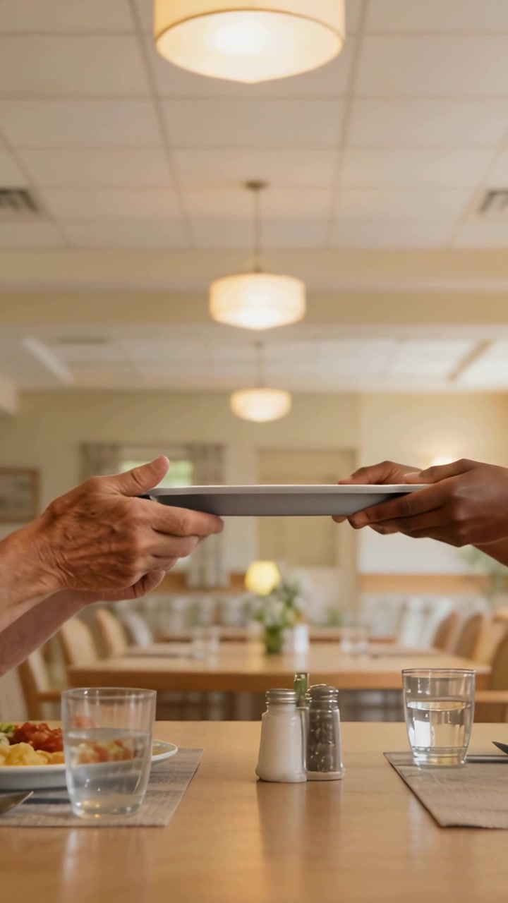 Vertical video: Reaching senior and adult hands passing white tray during meal at table, with plate