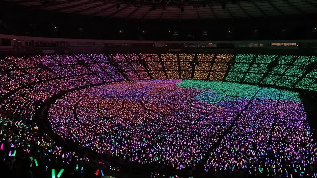 A mesmerizing display of colorful lights fills the stadium, showcasing the vibrant energy of the crowd as participants wave glowing sticks in rhythm, creating an electric atmosphere