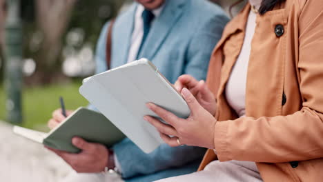 tablet, hands and business people in discussion