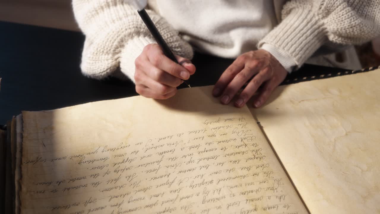 Woman writing handwritten text in old journal indoors, calm mood, vintage writing with quill pen, mindful slow living atmosphere