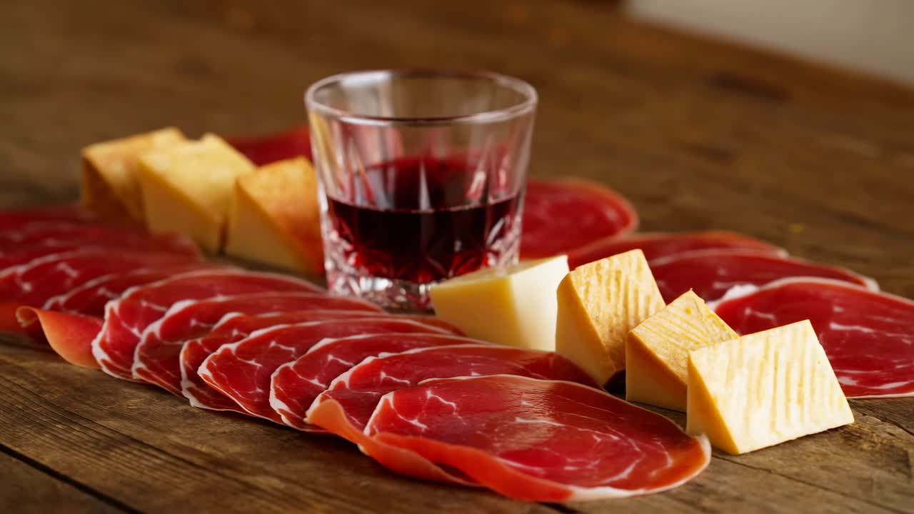 Salumi, cubetti di formaggio e bicchiere di vino su tagliere di legno rustico: una scena intima di degustazione gourmet con affettati sottili.