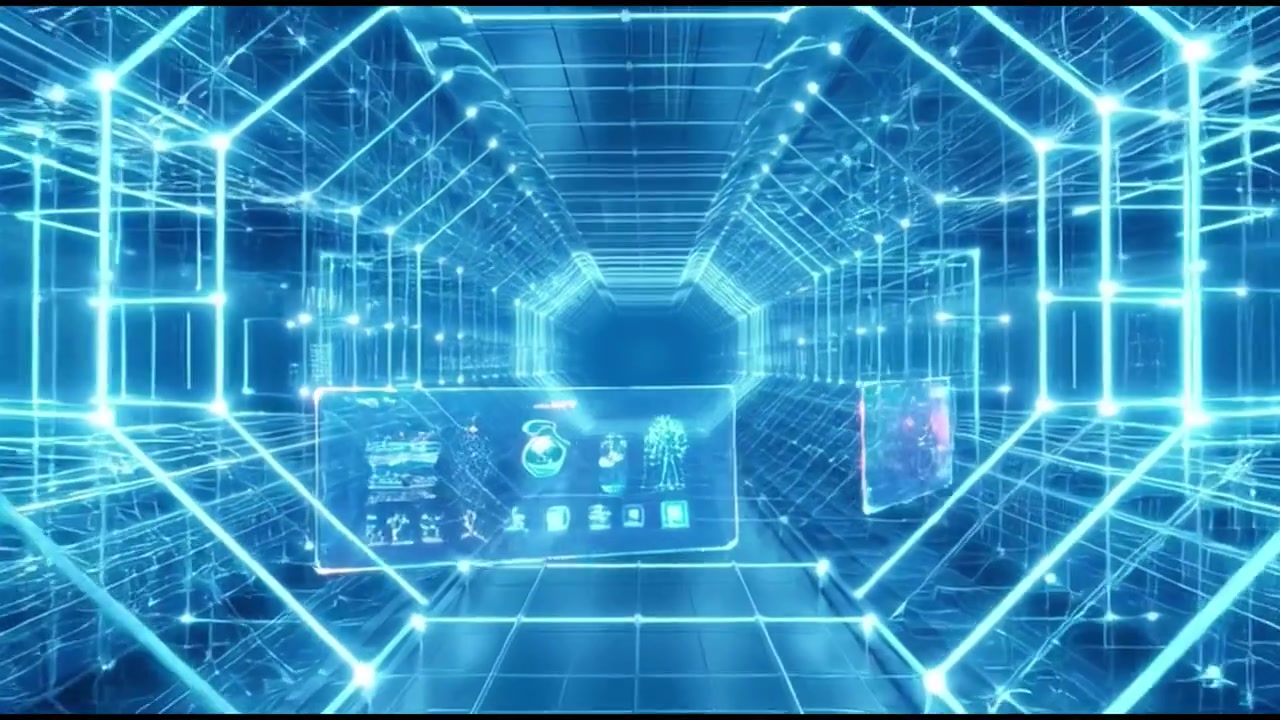Futuristic Digital Tunnel with Floating Holographic Data Interfaces