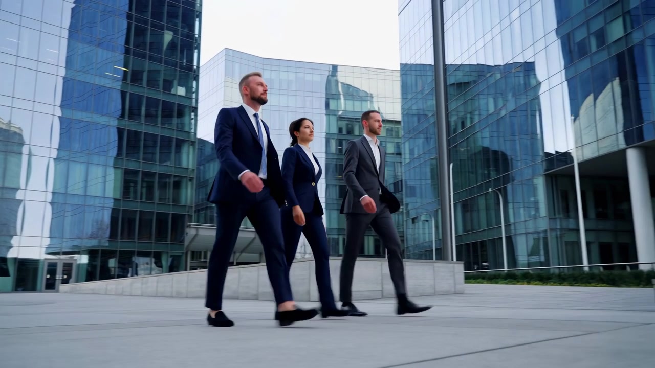 Business people walking, in urban cityscape with modern buildings, with business attire, city skyline, from a side view perspective, with blue, black accents, and professional mood.