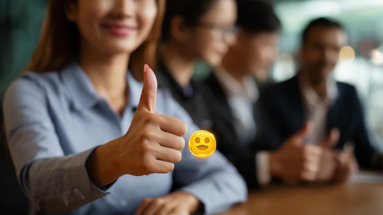 A Group of Professionals Sharing Positive Vibes, Engaging with Thumbs-Up Gestures and Smiling Expressions, Emphasizing Team Spirit and Collaboration in a Contemporary Workplace Setting