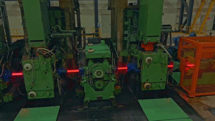 Hot Rolling Mill Shapes Red-Hot Steel Into Steel Rods, Reducing Thickness Through Housingless Mill Stands. - pan shot