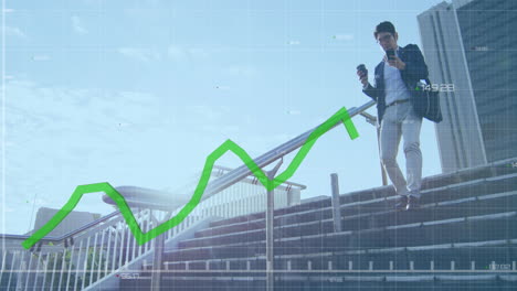 animation of financial data processing with green line over asian businessman