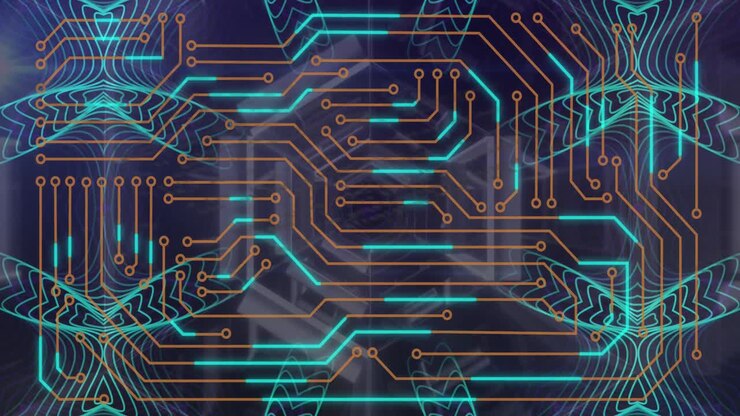Animazione di connessioni di microprocessori su un tunnel al neon e strutture a caleidoscopio sullo sfondo