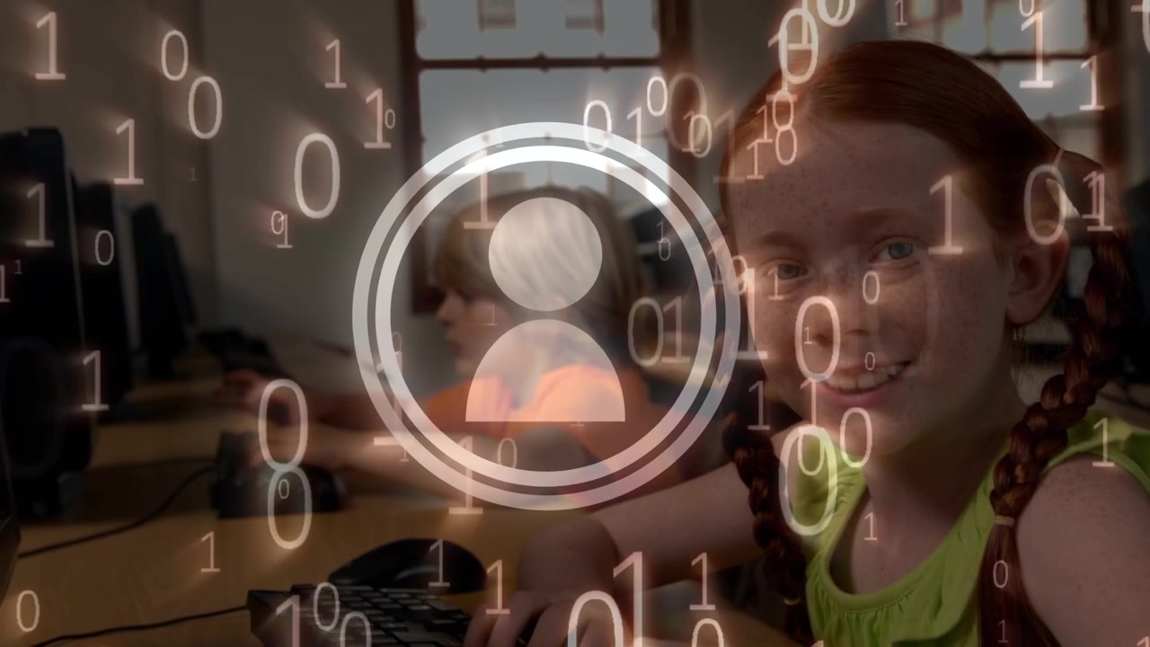 Animation of binary code over happy caucasian girl using computer