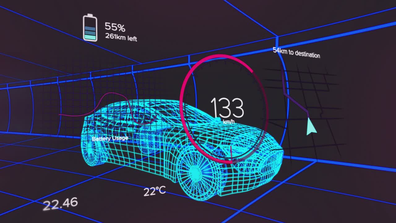 At start wireframe car accelerating with gauge arc rising shrinking showing speed cycle in tunnel