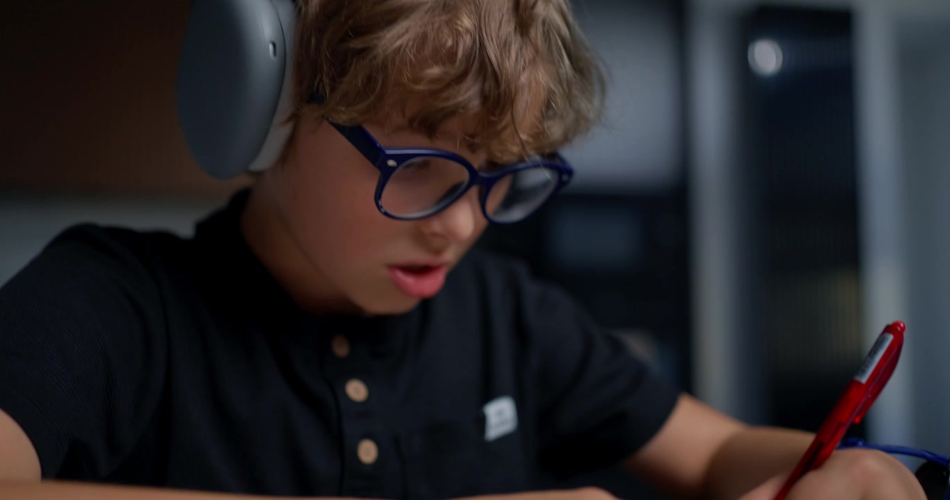 Giovane ragazzo concentrato con le cuffie che scrive su un quaderno.