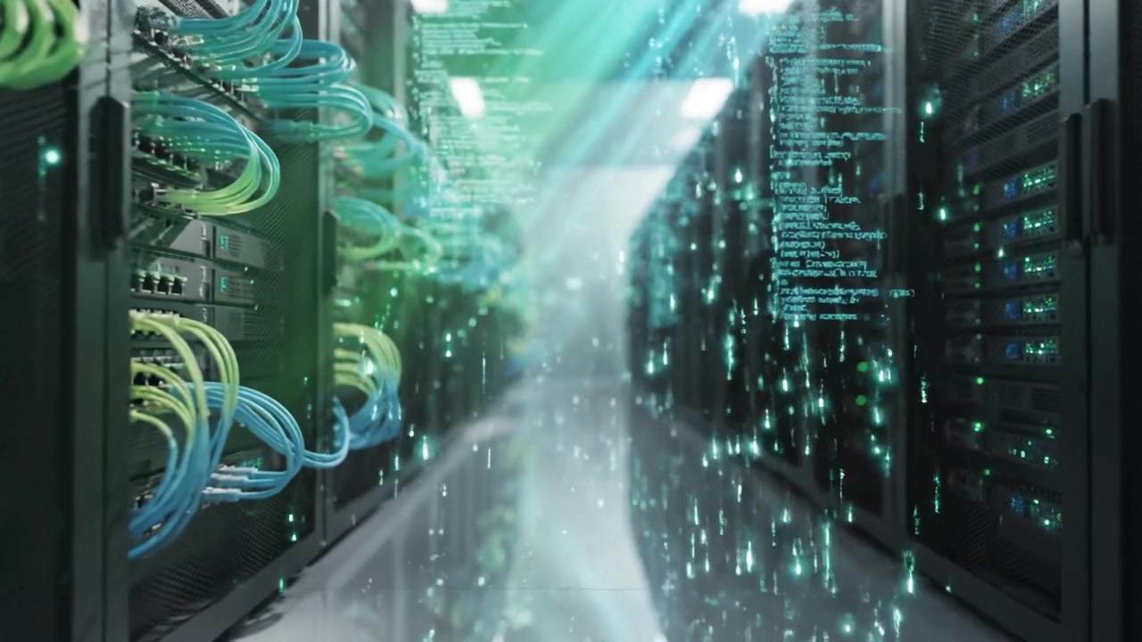 A High-Tech Data Center Featuring Advanced Server Racks, Illuminated Cables, and Efficient Cooling Systems for Optimal Performance and Connectivity Visualization