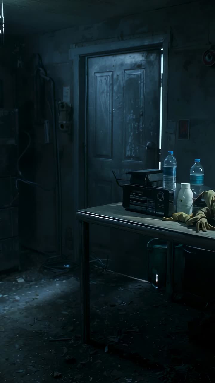 Vertical video: Shifting light through slit revealing drifting dust in basement, with work table