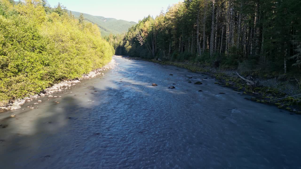 Drone glides low above a tranquil mountain river flanked by dense forest and morning sunlight