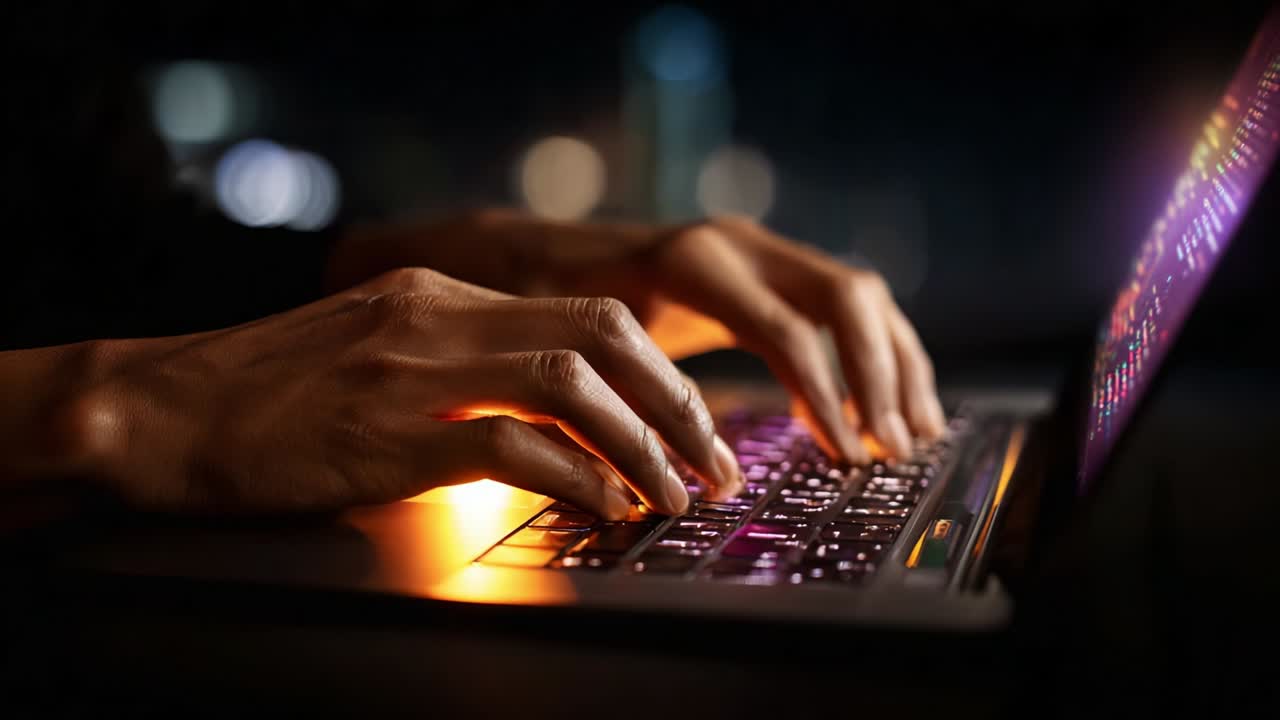 A Close-Up View of Hands Typing on a Laptop Keyboard at Night, Illuminated by Colorful Backlighting, Capturing the Essence of Modern Technology and Creative Work in a Darkened Environment