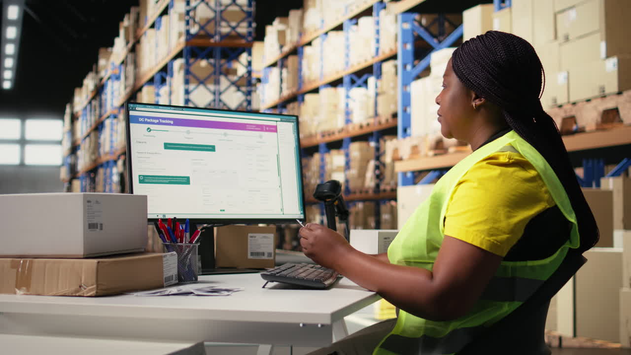 Vertical Video African american employee updating the order logistics software