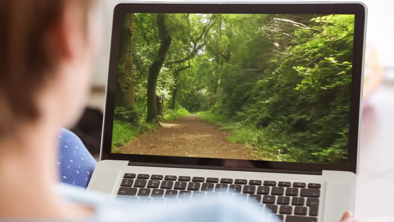 mujer usando computadora portátil con camino en el bosque 4k
