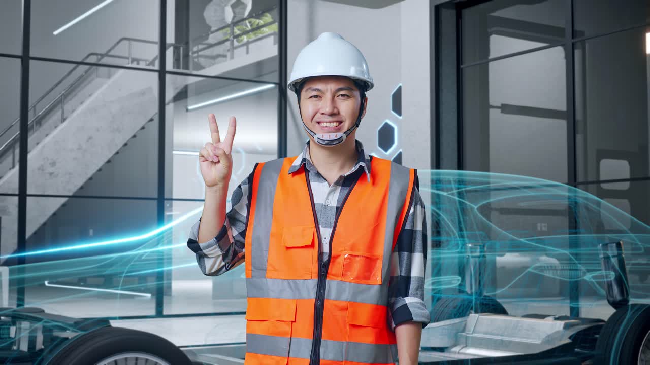현대 공장에서 v 기호를 보여주는 미소 짓는 엔지니어