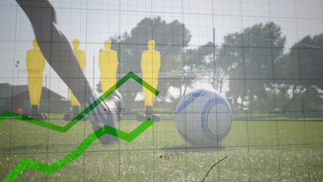 Graph-animation-over-soccer-player-practicing-with-training-dummies-on-field