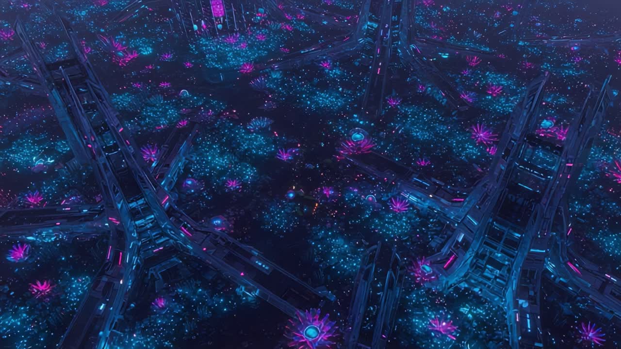 A Breathtaking Cybernetic Landscape: Explore the Mesmerizing Fusion of Neon Colors and Geometric Structures in a Dazzling Futuristic Environment