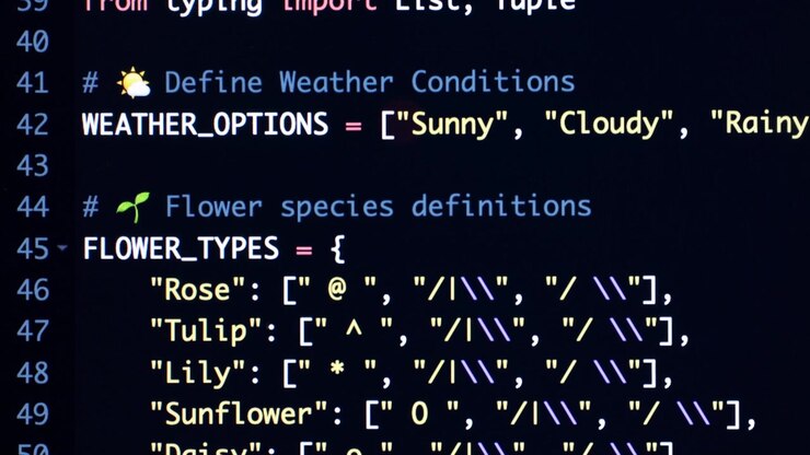 Python Programming Code Displaying Data Structures and Flower Definitions