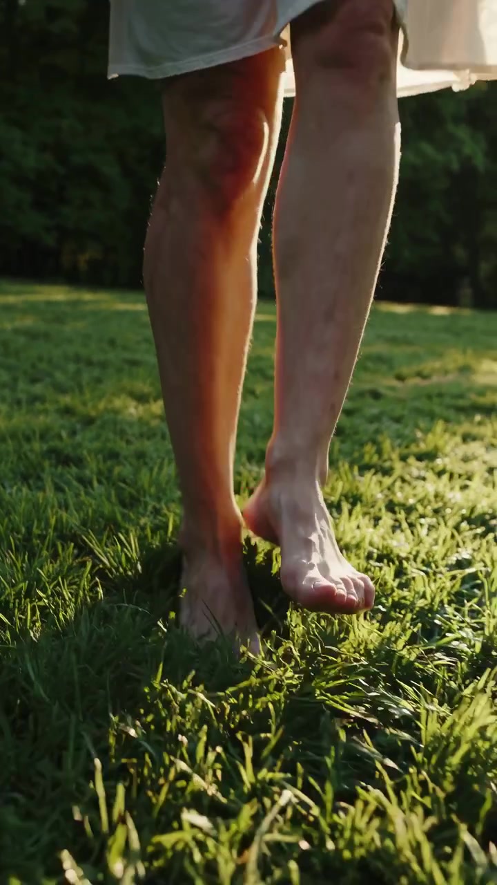 Barefoot Person Walking on Lush Green Grass in Sunlight