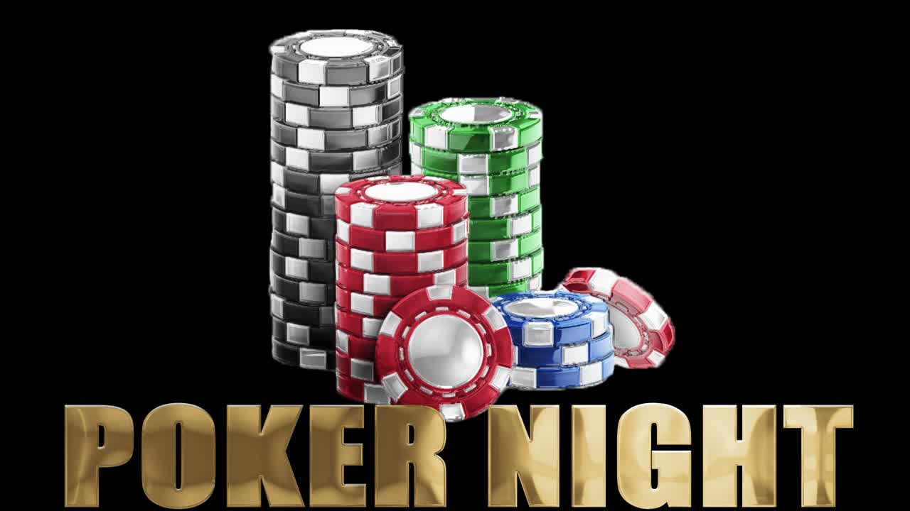 Illustrazione 3D di fiches e simbolismo di "serata poker" su sfondo nero.