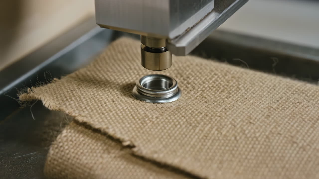 Close-up of a machine installing a metal eyelet on burlap fabric