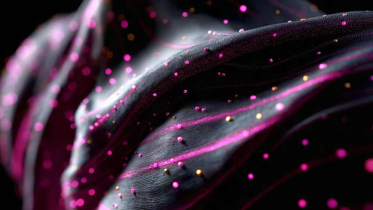 A Stunning Visual Display of Elegant Fabric Flowing in Rich Colors and Dynamic Textures Accentuated by Sparkling Particles, Creating a Mesmerizing Atmosphere of Depth and Movement