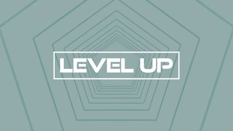 glitch effect over level up win banner text over blue hexagons in seamless motion on grey background