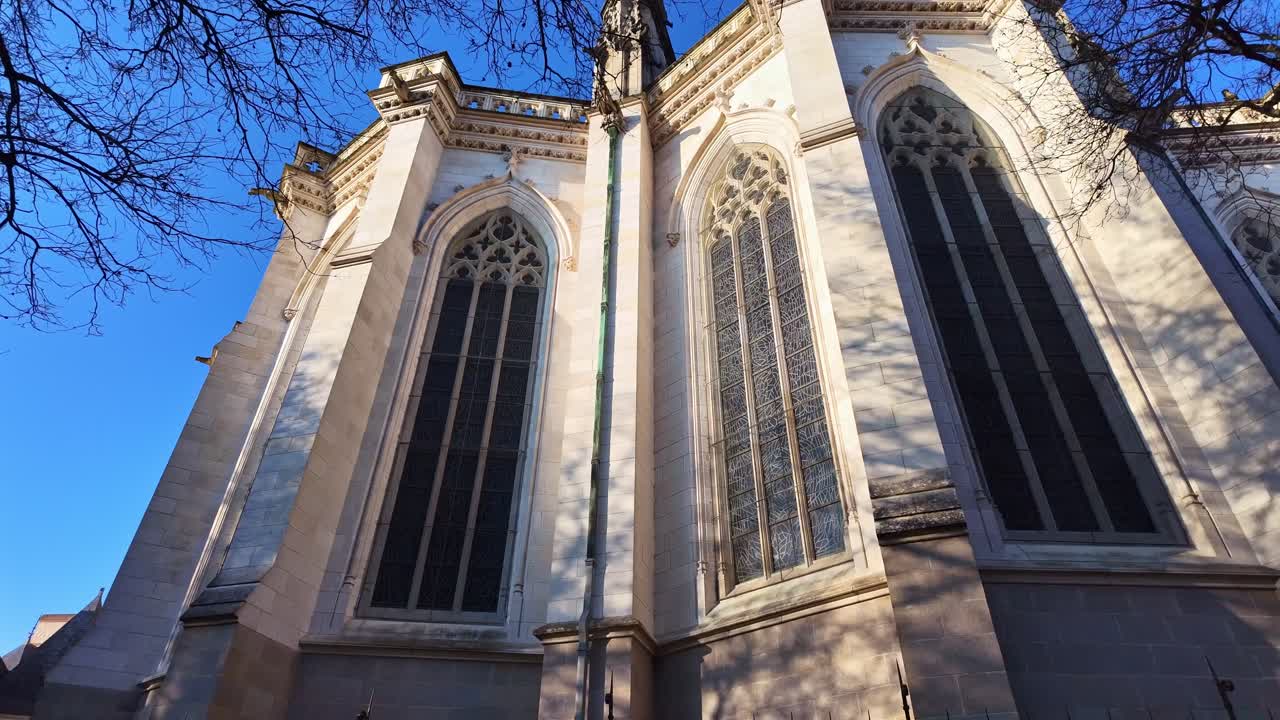 Low-angle view of Nantes Cathedral with beautiful gothic stained-glass windows, Nantes, Loire-Atlantique, France