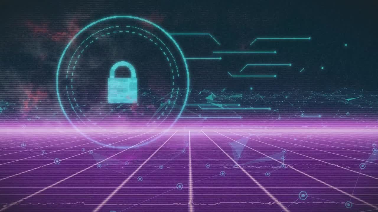 Animation of padlock in circles with connecting dots over purple grid pattern