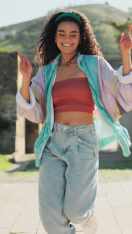 dance, fashion and woman walking outdoor in a park