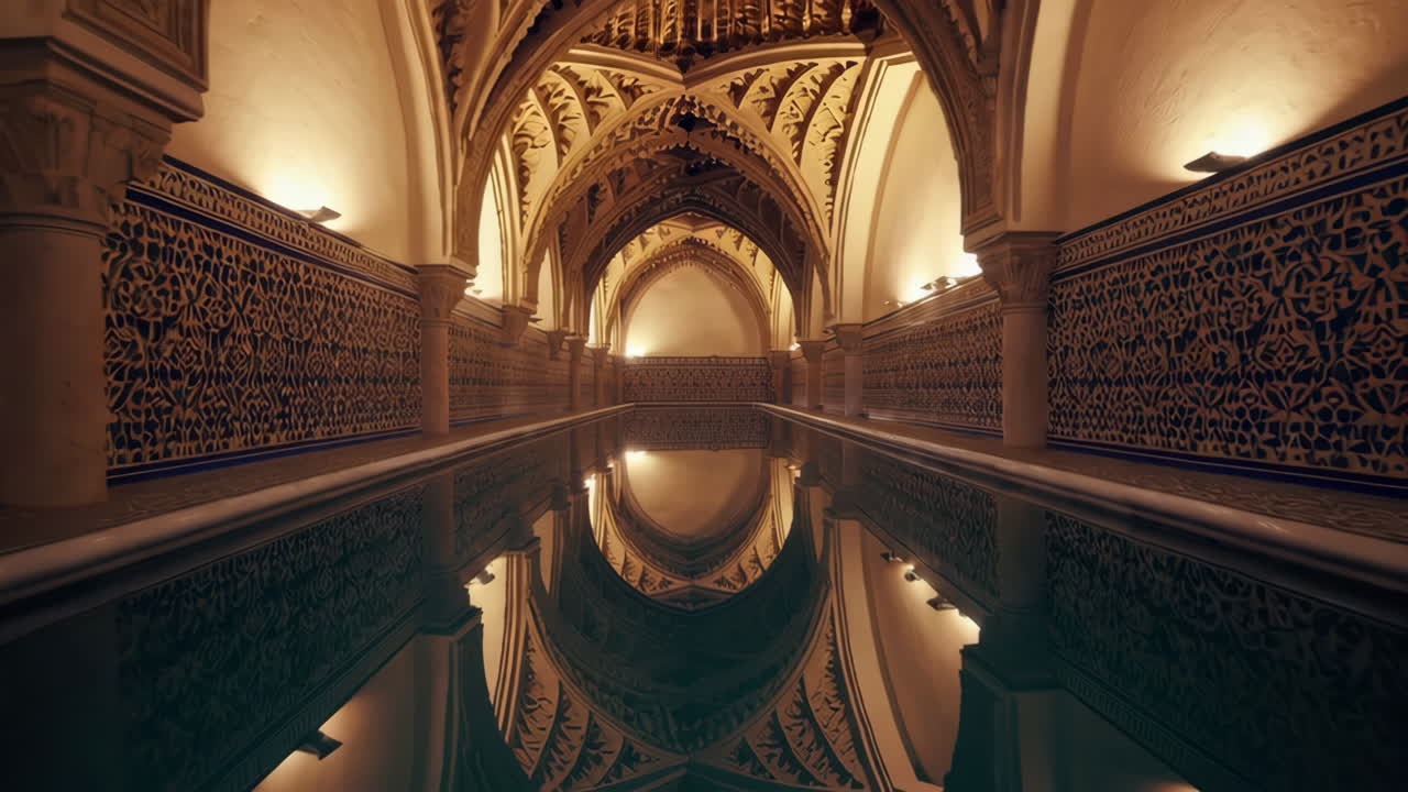 Utsmykket hall med reflekterende basseng og store buer