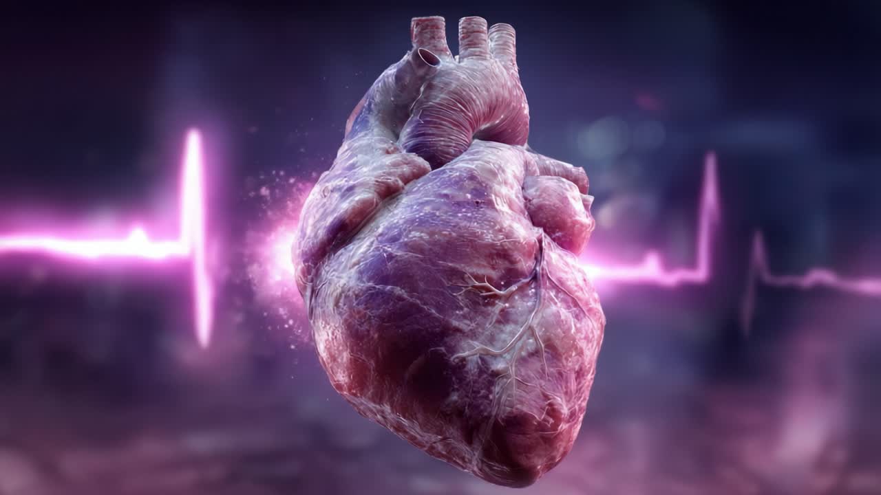 A Stunning Visual Representation of the Human Heart, Capturing Its Intricate Structure and Vital Role in Circulatory Health Amidst Pulsating ECG Waves