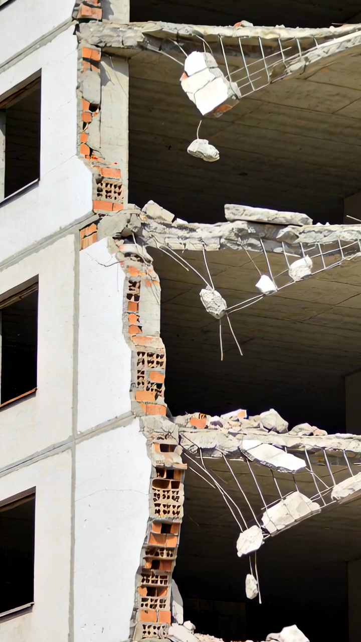 Vertical video: Showing facade removal causing slabs shifting, dropping rubble exposing rebar, clay
