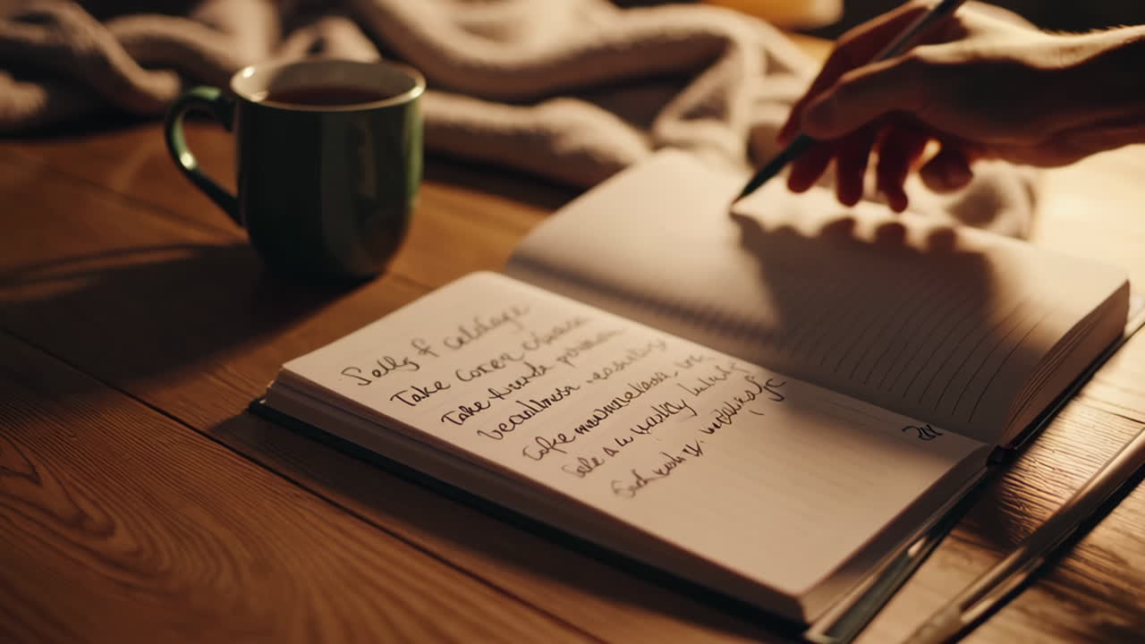 A hand writing in a notebook on a cozy wooden table with a mug