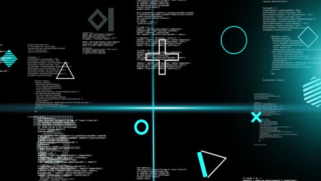 Animation of blue scanner beams and rotating shapes over data processing on dark background